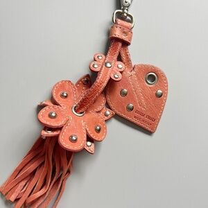 Miu Miu Leather Tassel Studded Flower Leaf Purse Bag Charm Key Chain Pink Peach